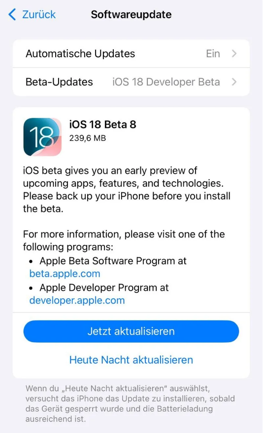 乌恰苹果手机维修分享苹果 iOS / iPadOS 18 开发者预览版 Beta 8 发布 